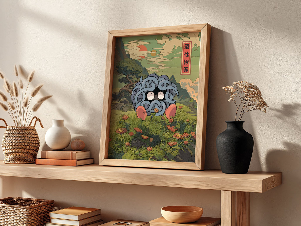 Wall decor poster featuring Tangela in blue vines with wide eyes in traditional Japanese style landscape with