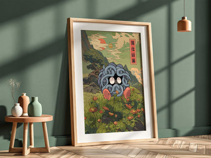 Wall decor poster featuring Tangela in blue vines with wide eyes in traditional Japanese style landscape with