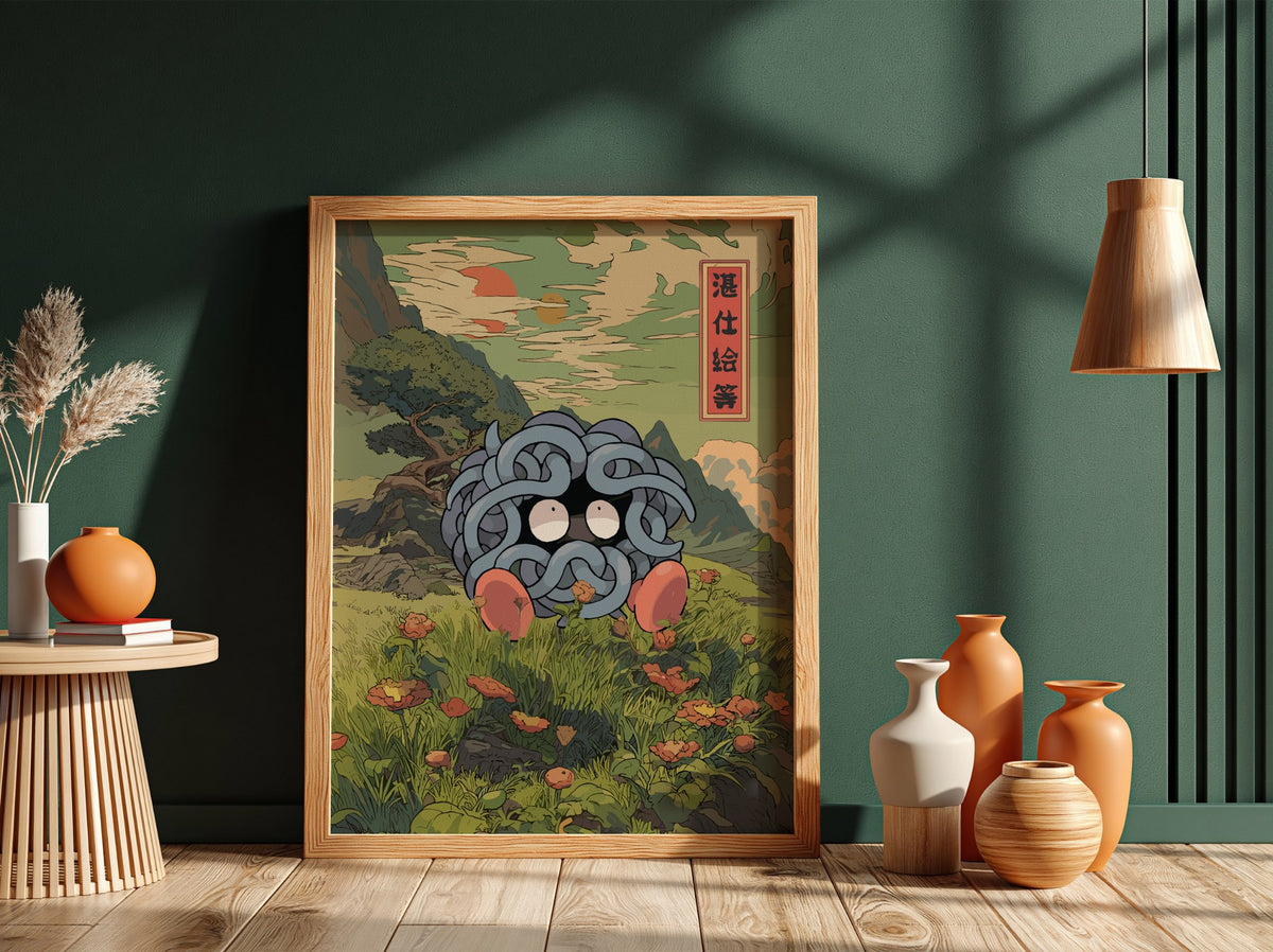 Wall decor poster featuring Tangela in blue vines with wide eyes in traditional Japanese style landscape with
