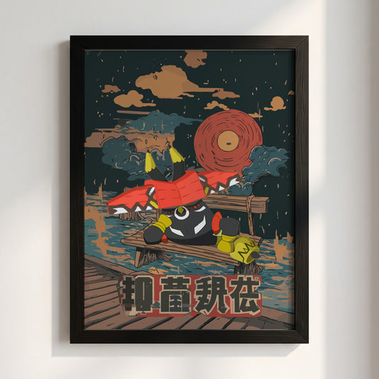 Poster of Tapu Bulu mythical creature with red wooden hammer in dark rainy environment