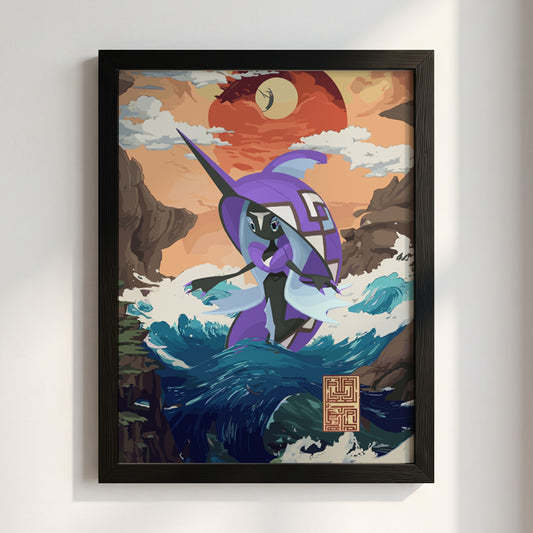 Poster featuring Tapu Fini in vibrant purples and blues with waves and sunset sky in animated style