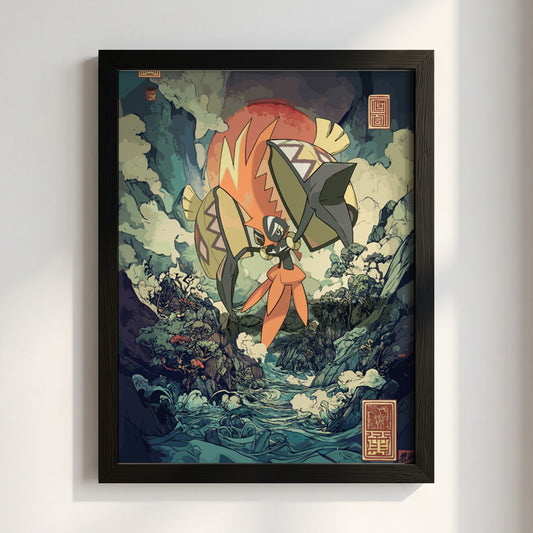 Poster showing Tapu Koko Pokémon character in vivid oranges and blues with stylized clouds and red sun