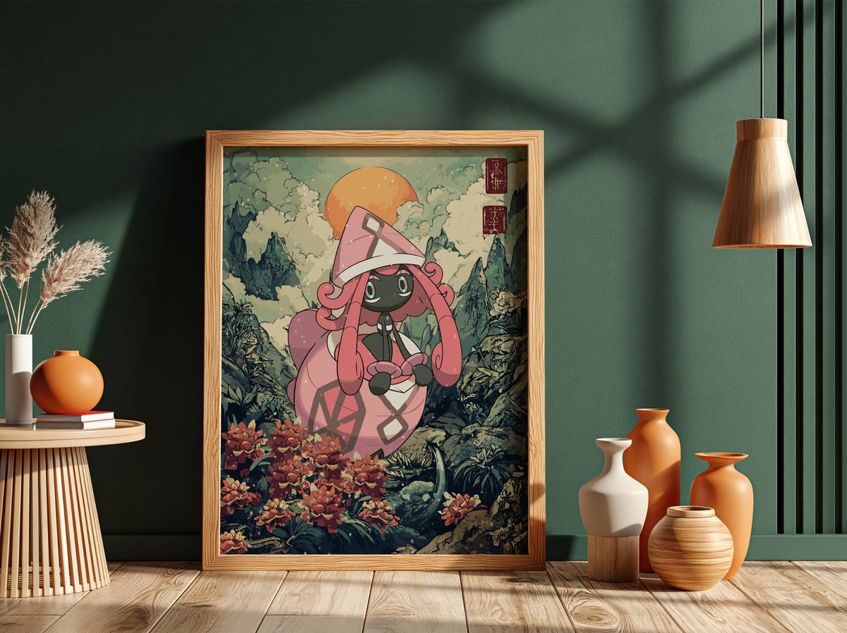 Framed wall decor with vibrant Tapu Lele character in pink and green tones set in a lush fantasy forest scene