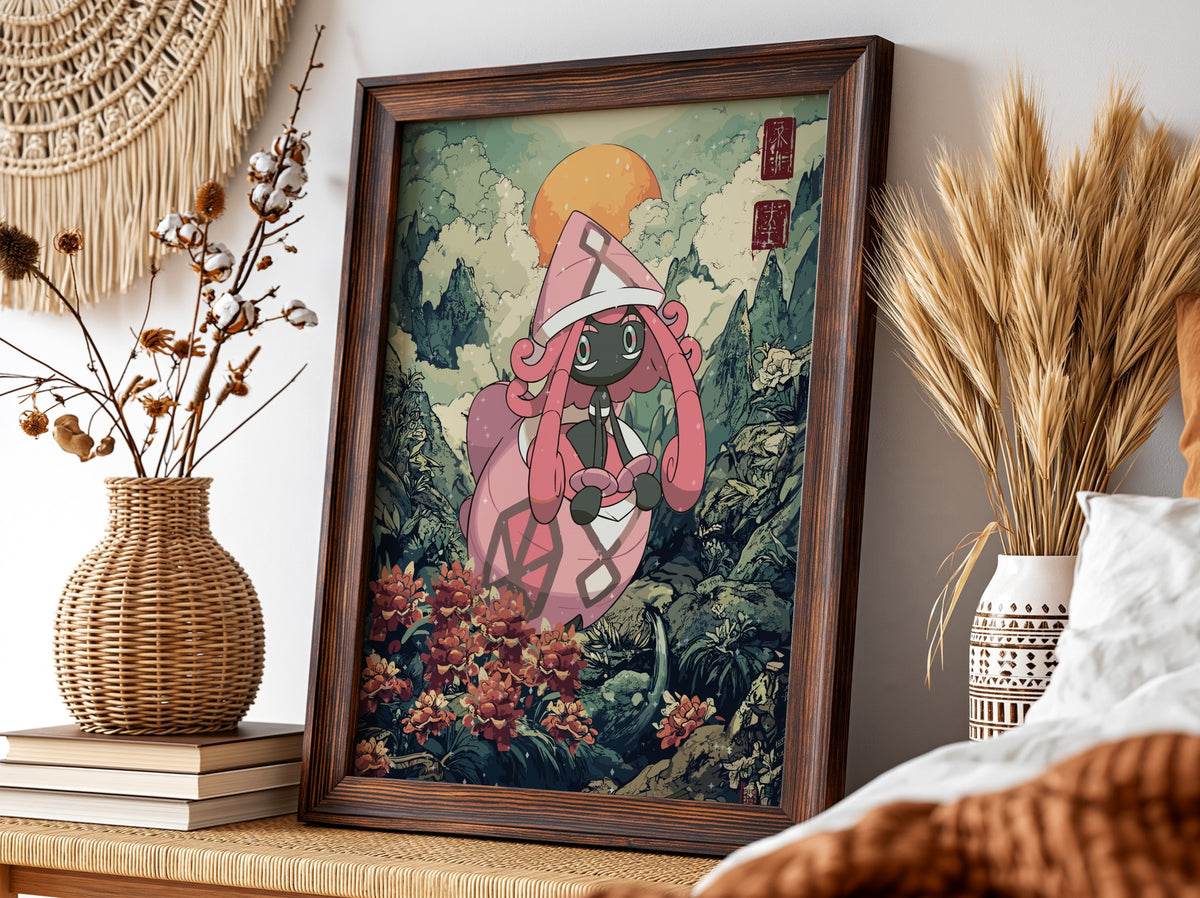 Framed wall decor with vibrant Tapu Lele character in pink and green tones set in a lush fantasy forest scene