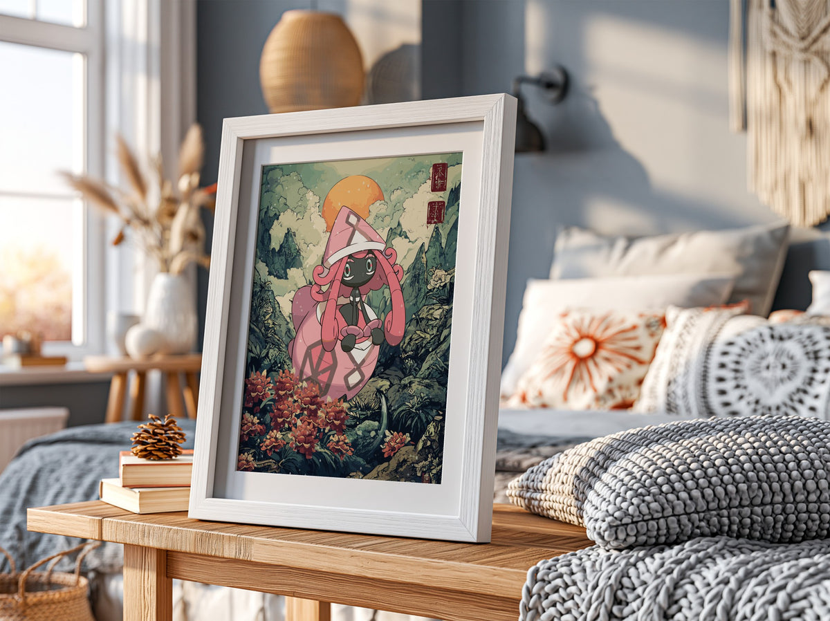 Framed wall decor with vibrant Tapu Lele character in pink and green tones set in a lush fantasy forest scene