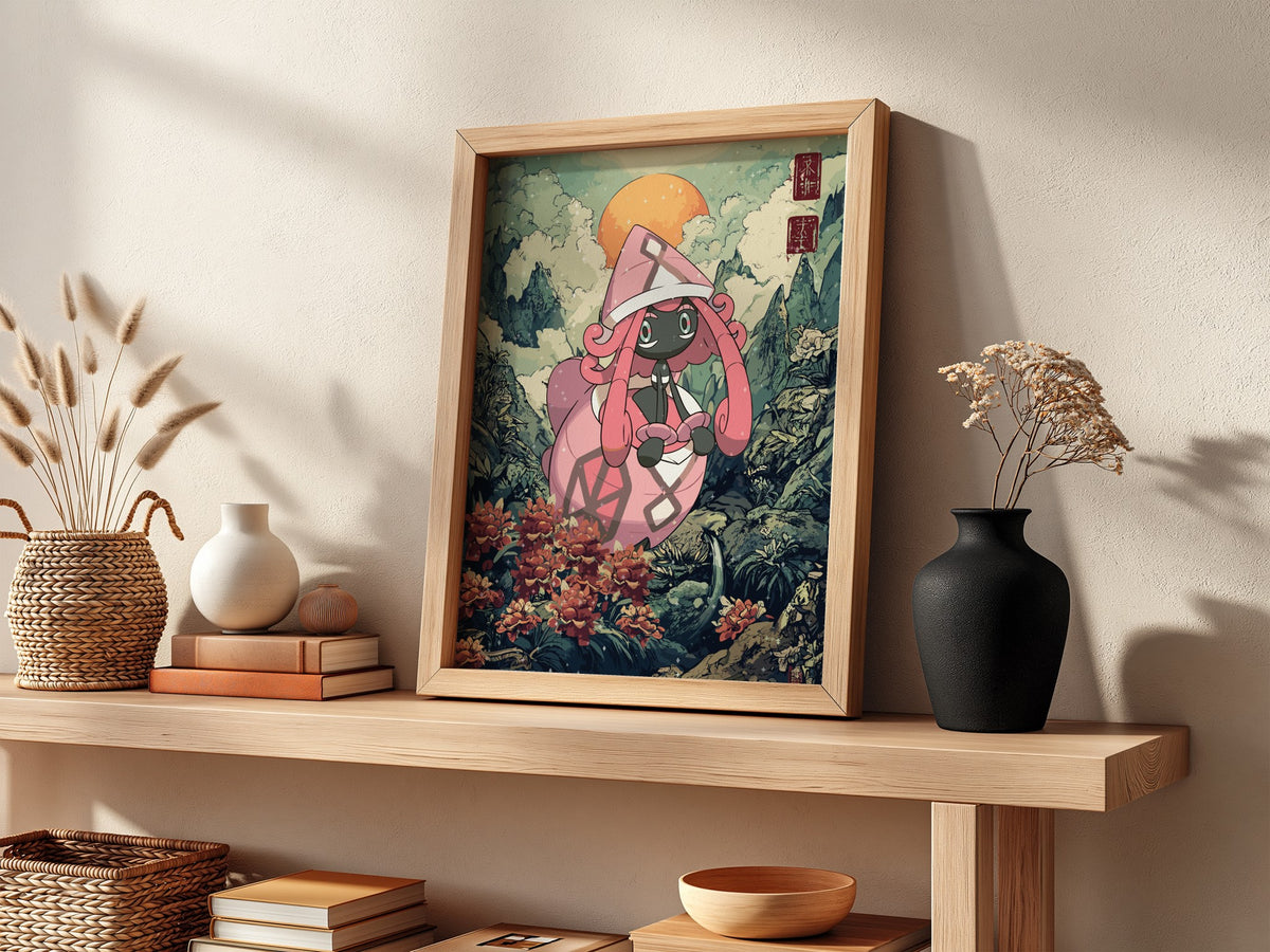 Framed wall decor with vibrant Tapu Lele character in pink and green tones set in a lush fantasy forest scene