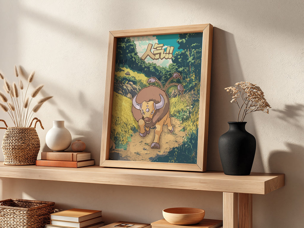 Poster showing Tauros Pokémon charging on forest path with earthy colors and bold Japanese text