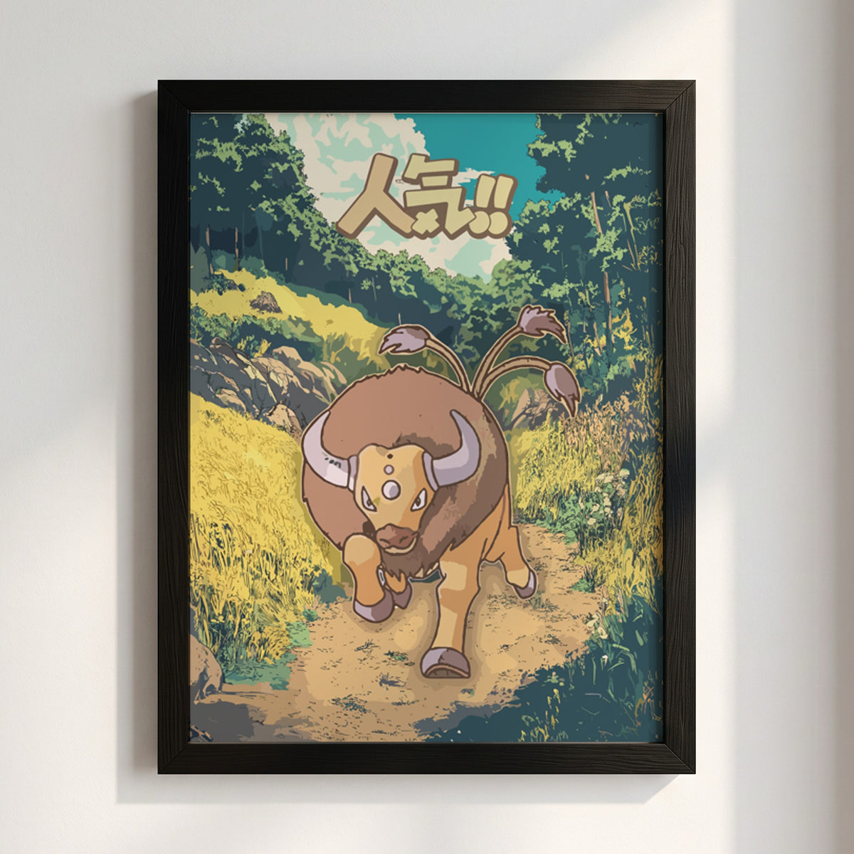 Poster showing Tauros Pokémon charging on forest path with earthy colors and bold Japanese text