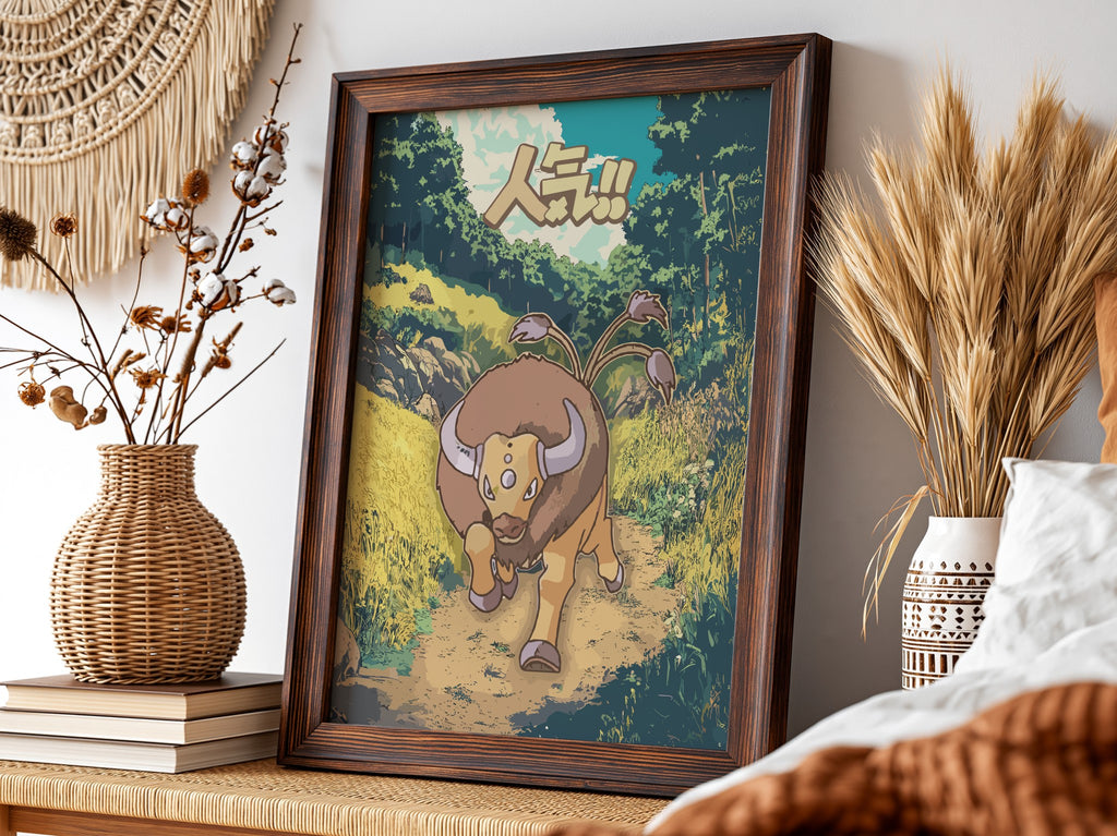 Poster showing Tauros Pokémon charging on forest path with earthy colors and bold Japanese text