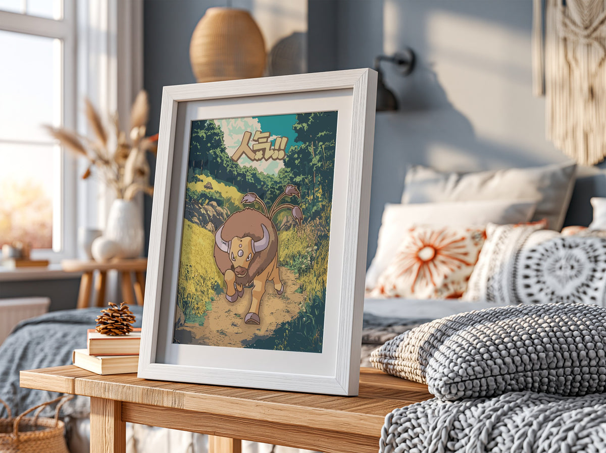 Poster showing Tauros Pokémon charging on forest path with earthy colors and bold Japanese text
