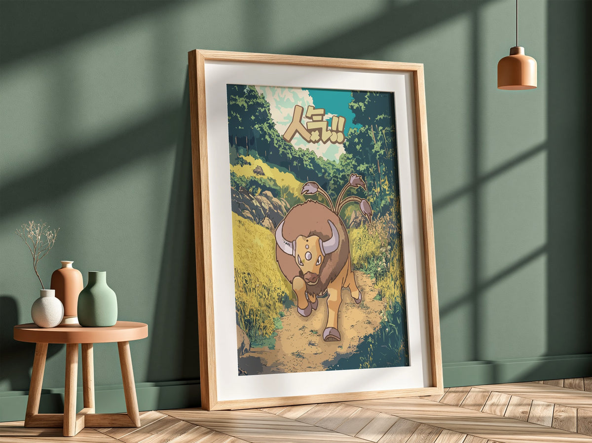 Poster showing Tauros Pokémon charging on forest path with earthy colors and bold Japanese text