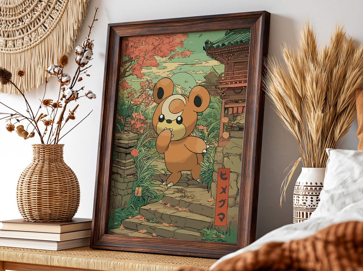 Poster wall art of Teddiursa character in autumn tones with Japanese temple and foliage background