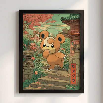 Poster wall art of Teddiursa character in autumn tones with Japanese temple and foliage background
