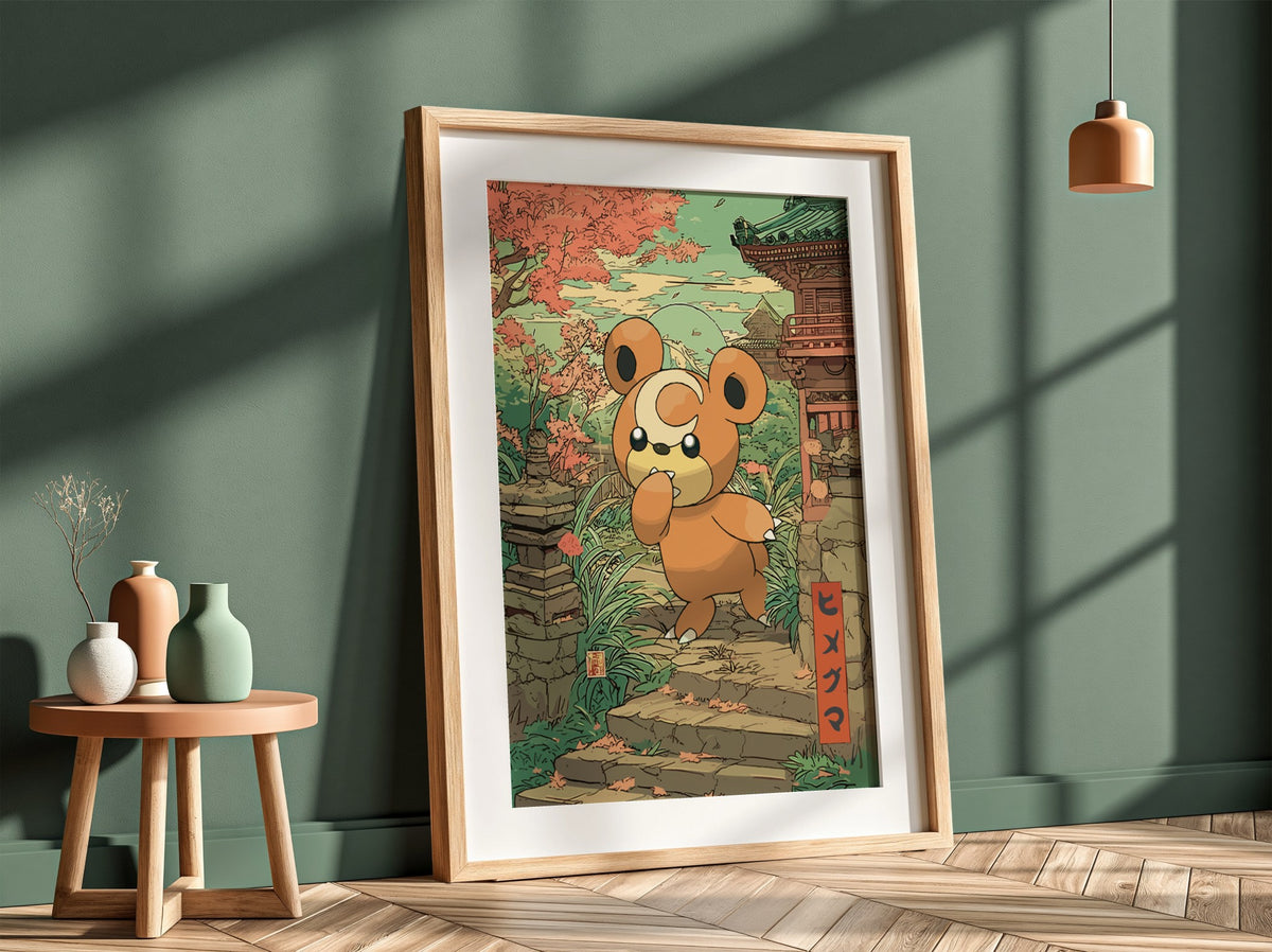 Poster wall art of Teddiursa character in autumn tones with Japanese temple and foliage background