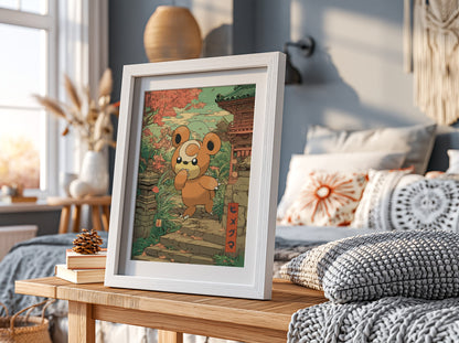 Poster wall art of Teddiursa character in autumn tones with Japanese temple and foliage background