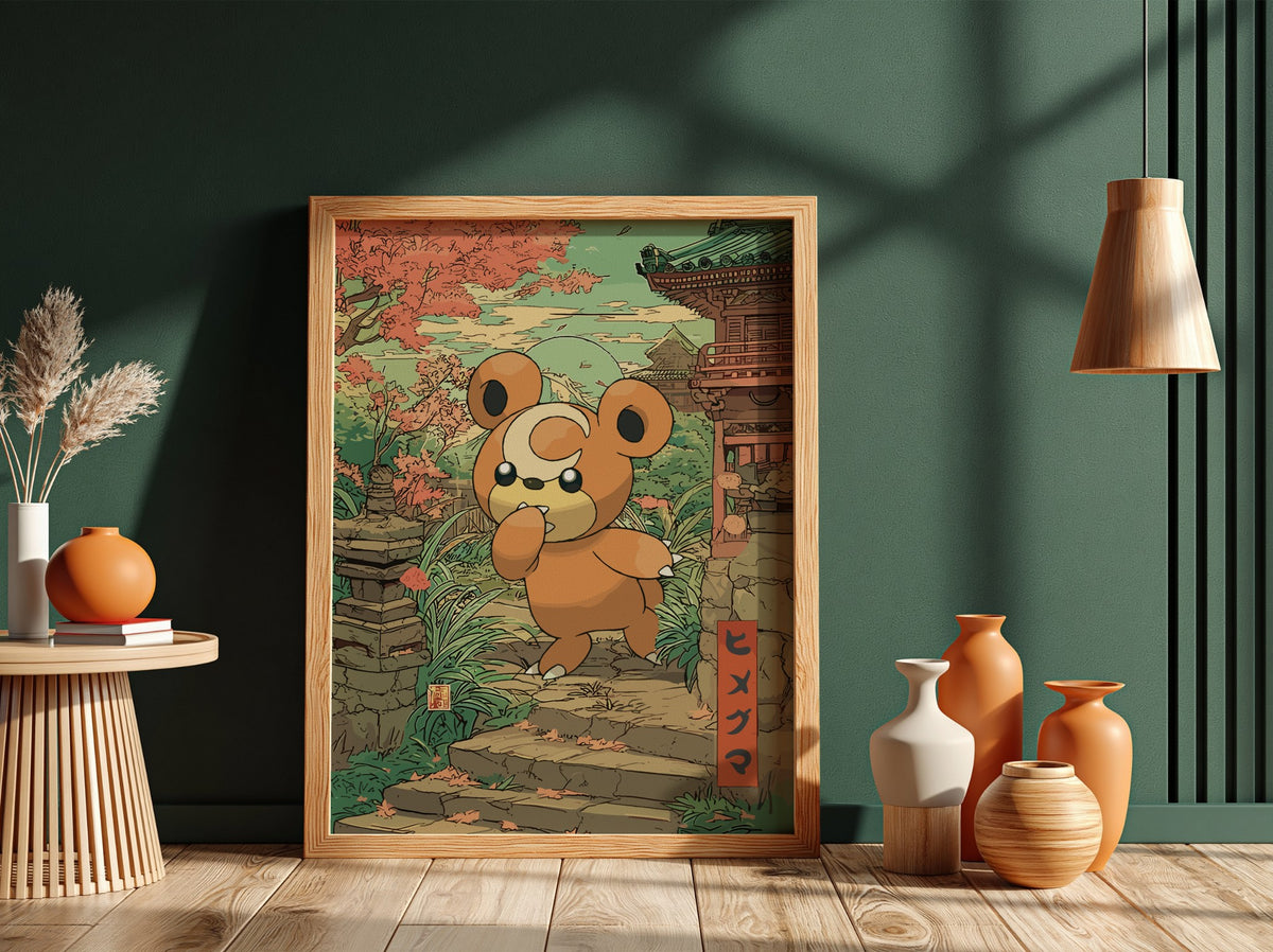 Poster wall art of Teddiursa character in autumn tones with Japanese temple and foliage background