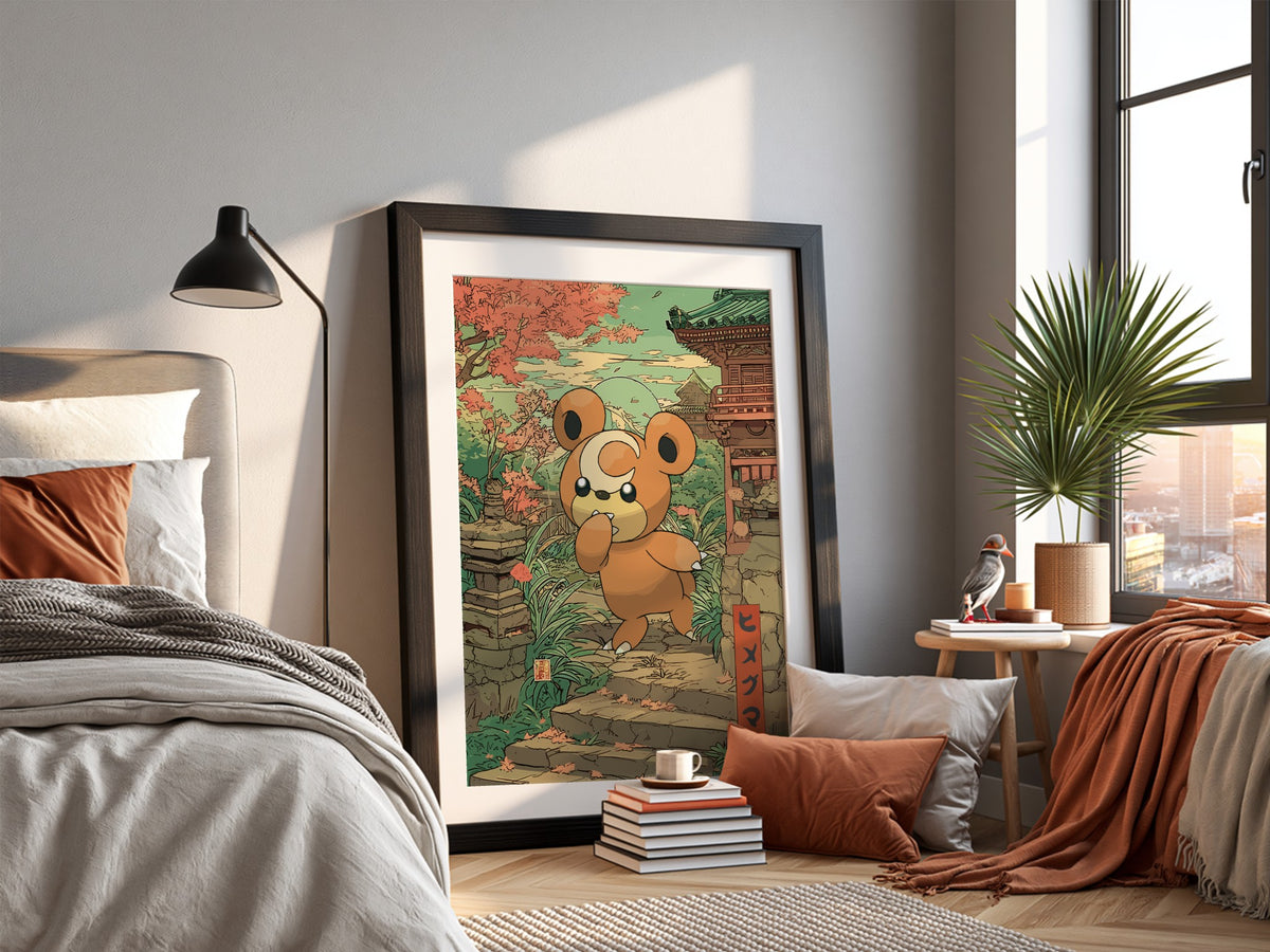 Poster wall art of Teddiursa character in autumn tones with Japanese temple and foliage background