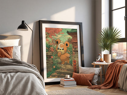 Poster wall art of Teddiursa character in autumn tones with Japanese temple and foliage background