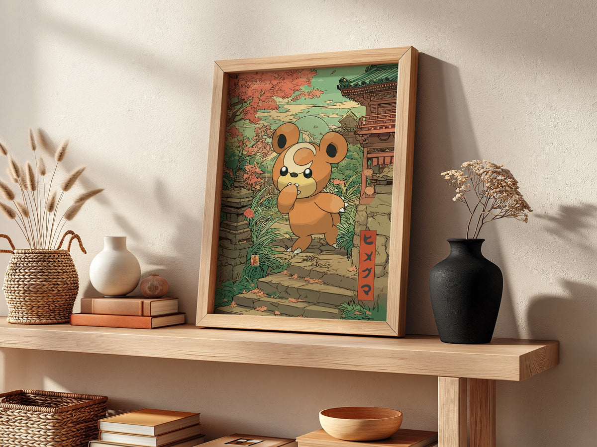 Poster wall art of Teddiursa character in autumn tones with Japanese temple and foliage background