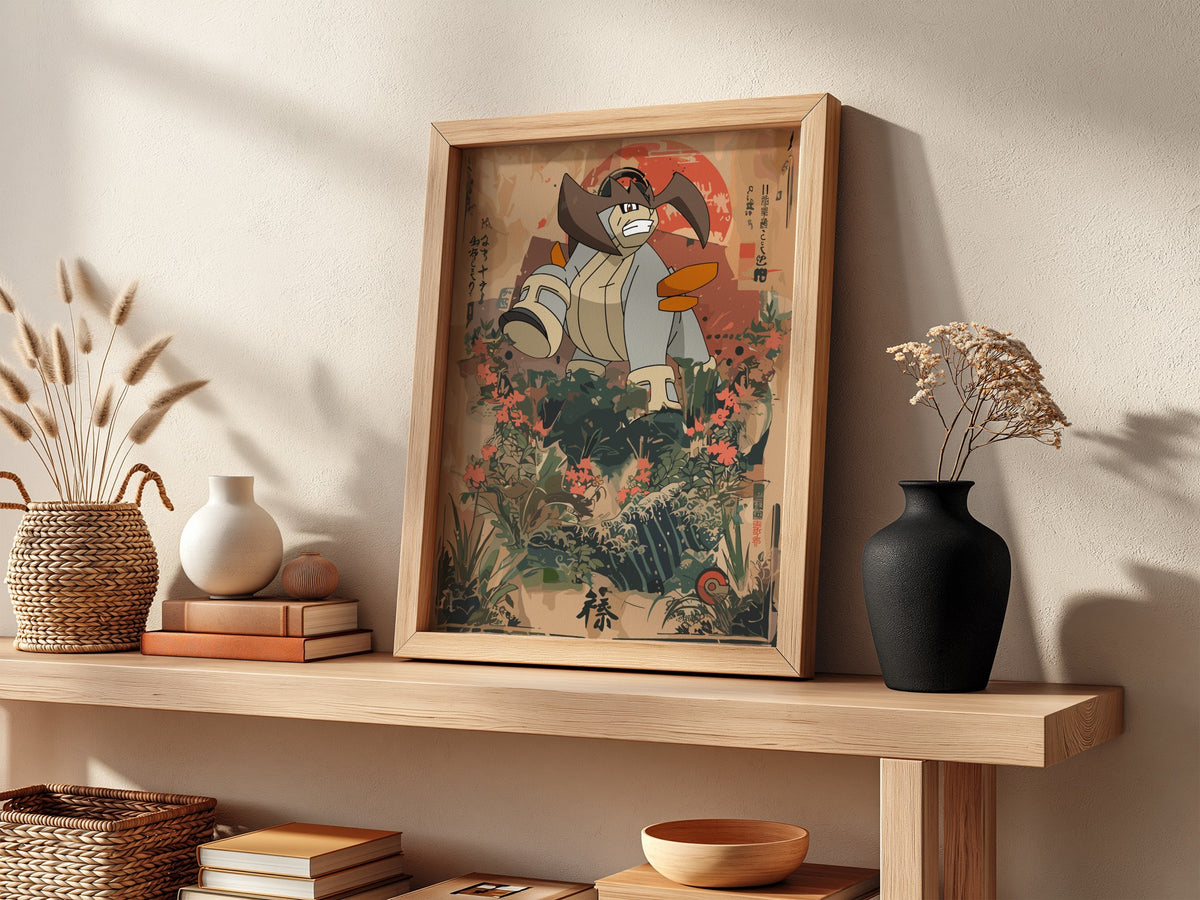 Poster wall decor of Terrakion in Japanese style with warm beige and red tones