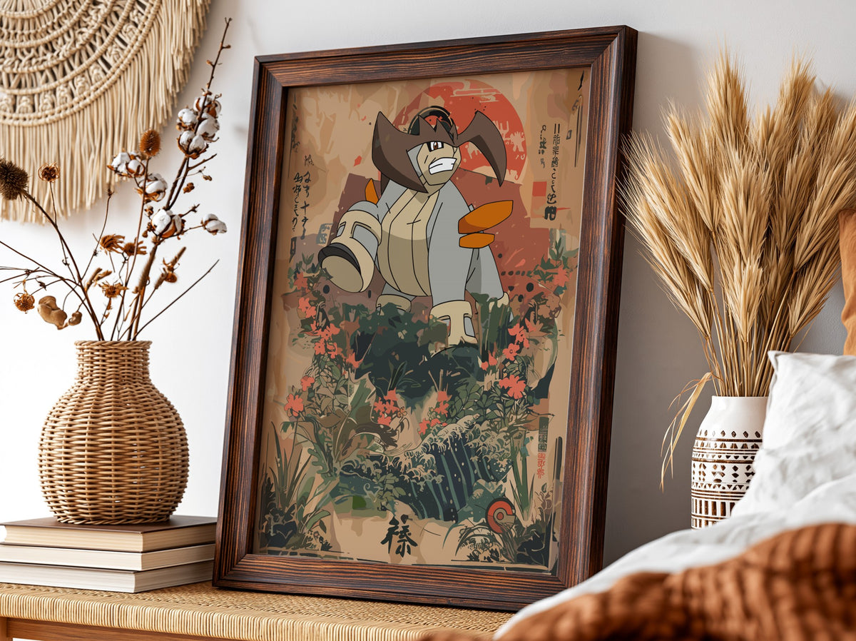 Poster wall decor of Terrakion in Japanese style with warm beige and red tones