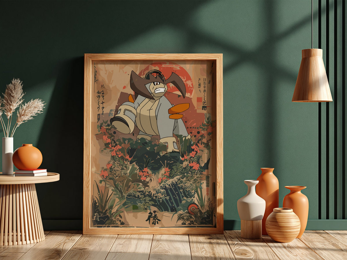 Poster wall decor of Terrakion in Japanese style with warm beige and red tones