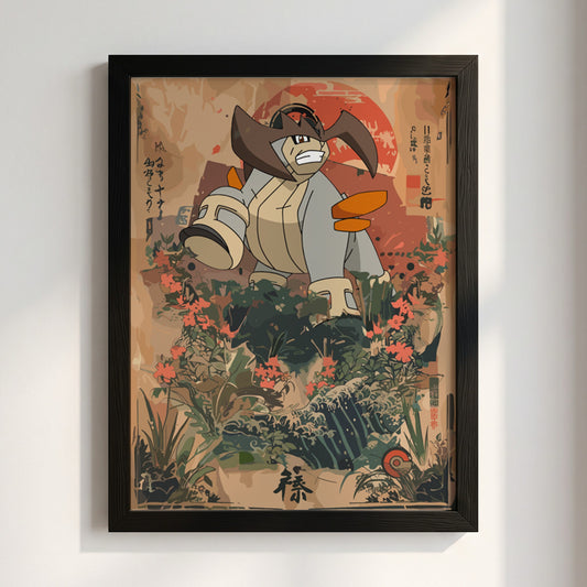 Poster wall decor of Terrakion in Japanese style with warm beige and red tones