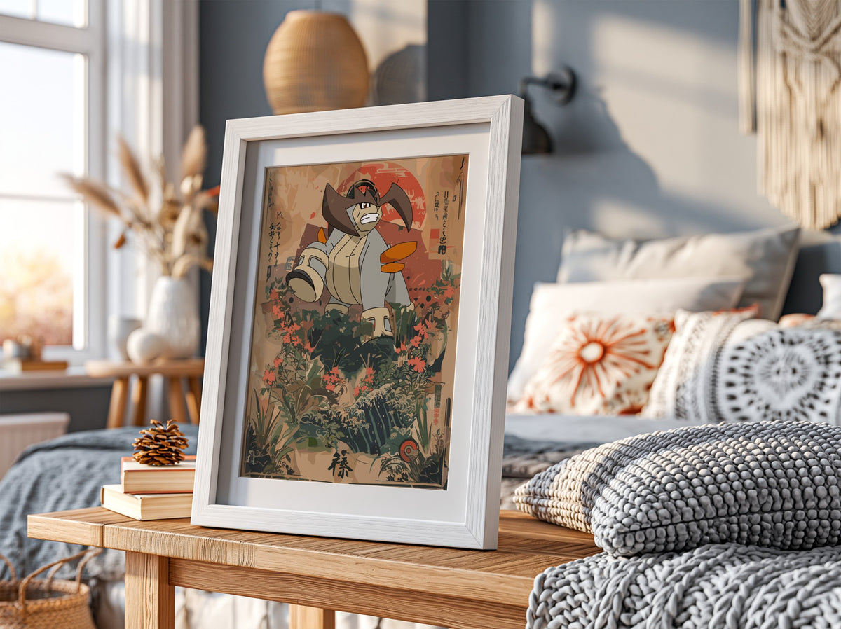 Poster wall decor of Terrakion in Japanese style with warm beige and red tones