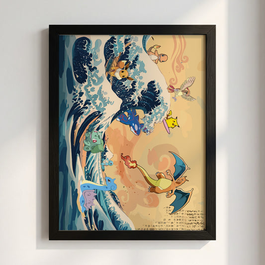 Poster of The Great Wave with Pokemon characters in Japanese ukiyo-e style blue wave and warm beige background