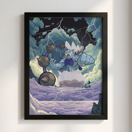 Illustration poster of Thundurus with storm clouds and lightning in blue and purple tones