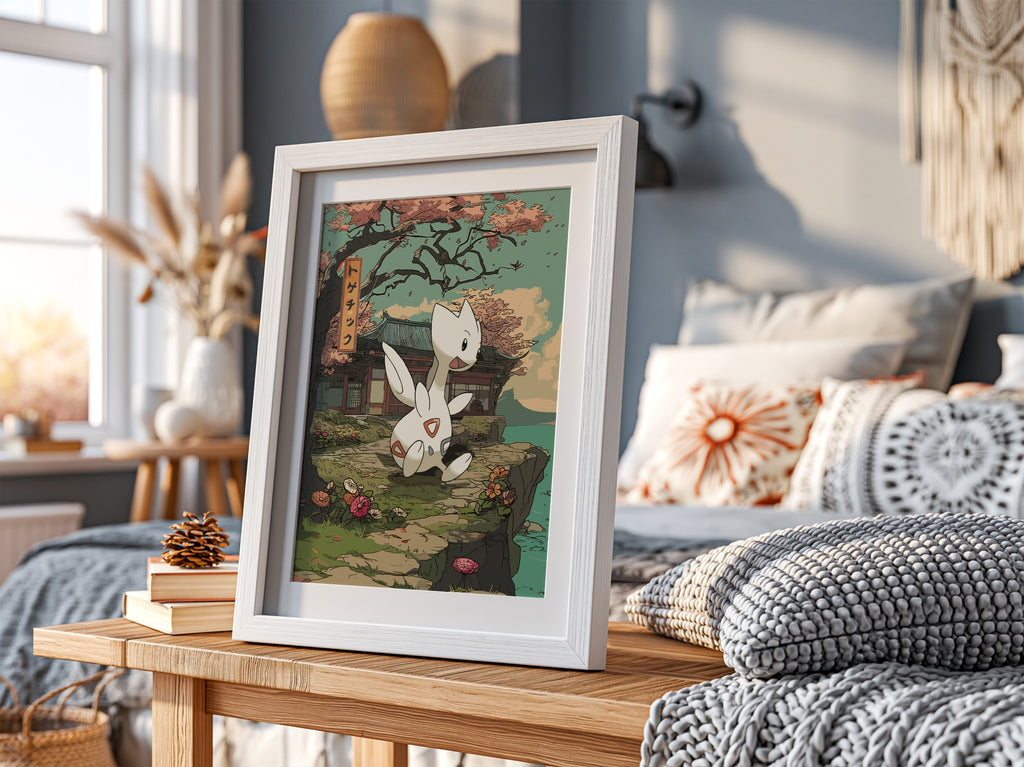Togetic anime poster with muted greens, traditional Japanese building, blossoming flowers, and calm peaceful