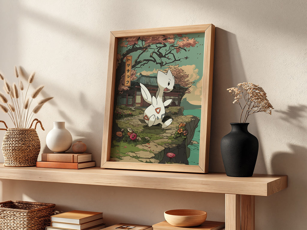 Togetic anime poster with muted greens, traditional Japanese building, blossoming flowers, and calm peaceful