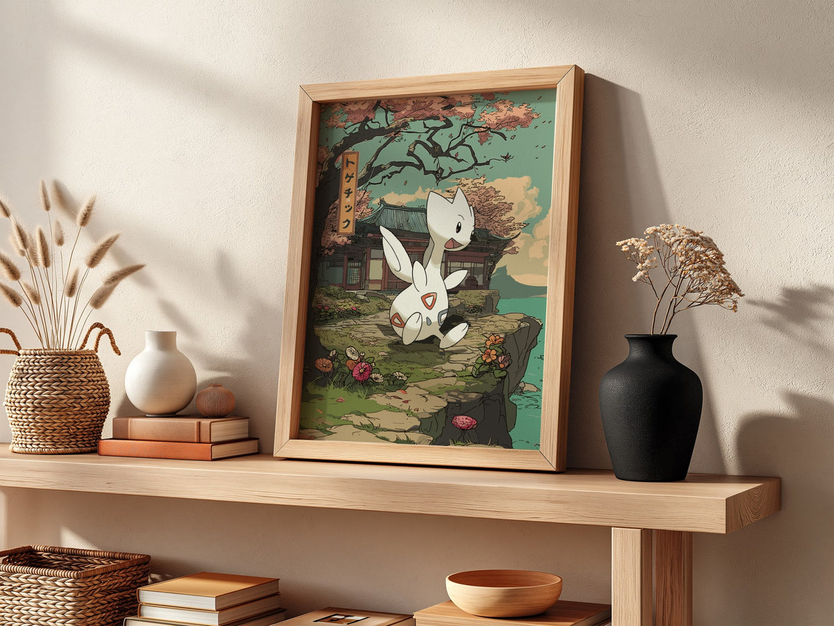 Togetic anime poster with muted greens, traditional Japanese building, blossoming flowers, and calm peaceful