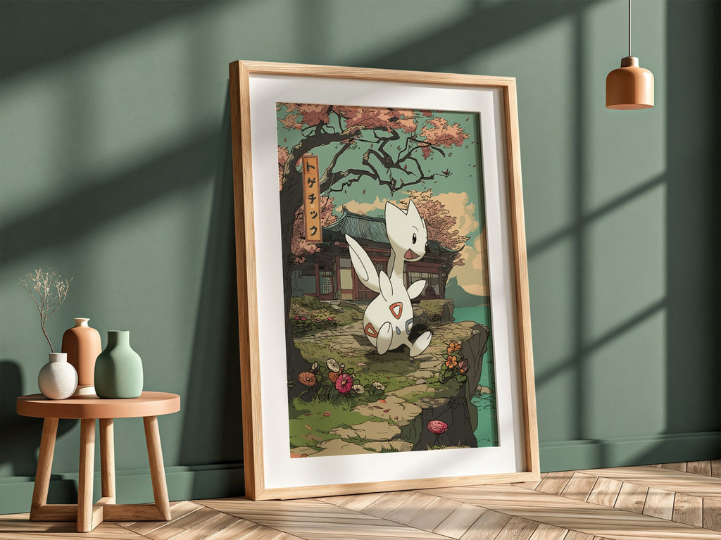 Togetic anime poster with muted greens, traditional Japanese building, blossoming flowers, and calm peaceful