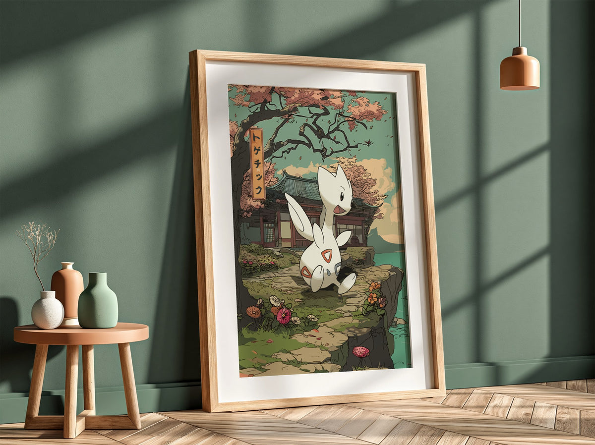 Togetic anime poster with muted greens, traditional Japanese building, blossoming flowers, and calm peaceful