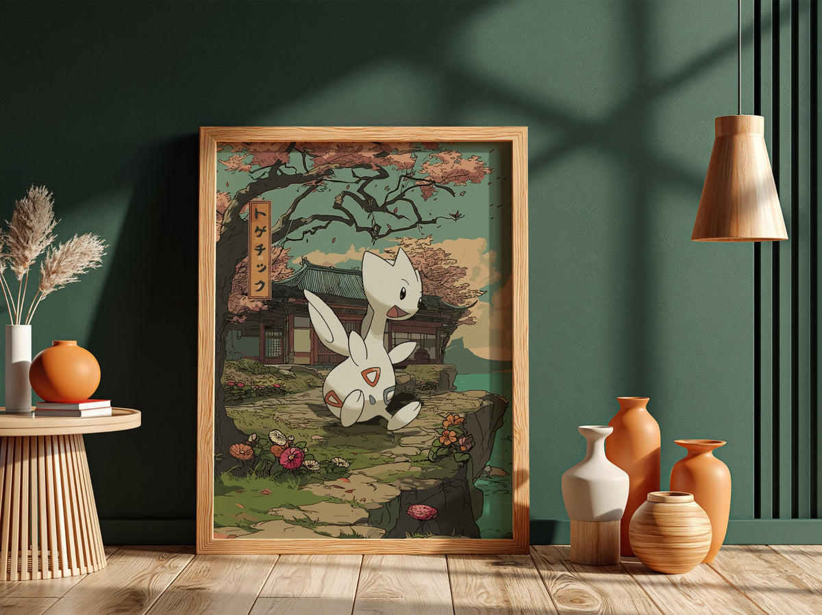 Togetic anime poster with muted greens, traditional Japanese building, blossoming flowers, and calm peaceful