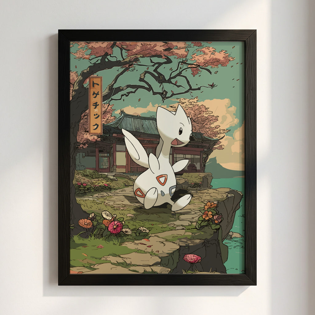 Togetic anime poster with muted greens, traditional Japanese building, blossoming flowers, and calm peaceful