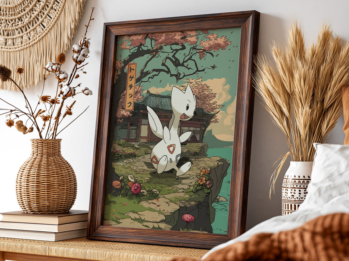 Togetic anime poster with muted greens, traditional Japanese building, blossoming flowers, and calm peaceful