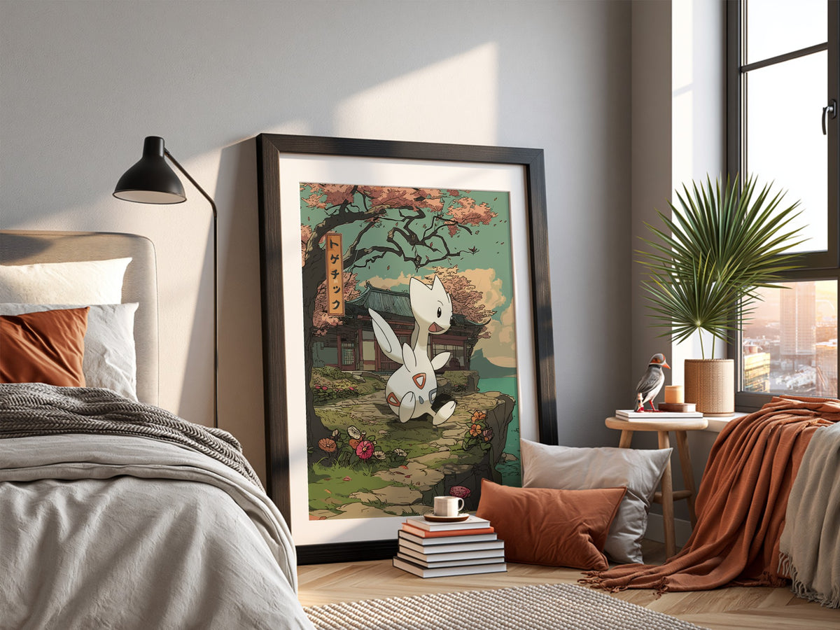 Togetic anime poster with muted greens, traditional Japanese building, blossoming flowers, and calm peaceful