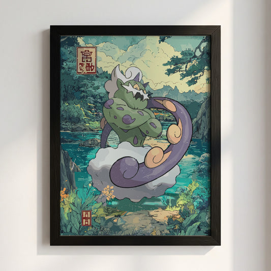 Tornadus Japanese style poster with vibrant greens, purples, swirling clouds, and natural landscape elements