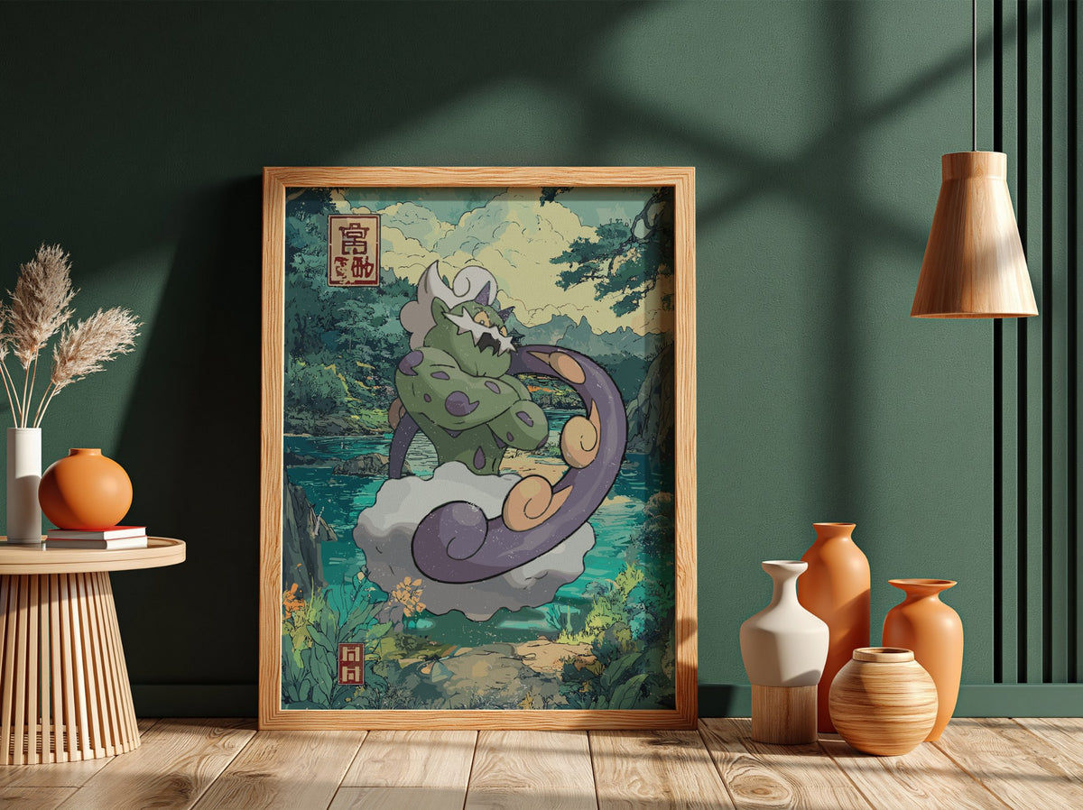 Tornadus Japanese style poster with vibrant greens, purples, swirling clouds, and natural landscape elements