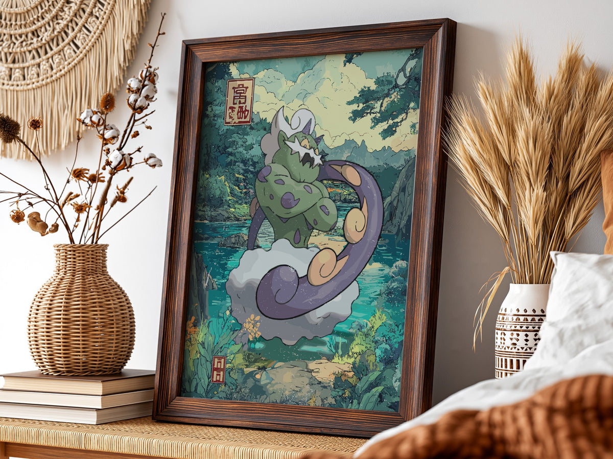 Tornadus Japanese style poster with vibrant greens, purples, swirling clouds, and natural landscape elements