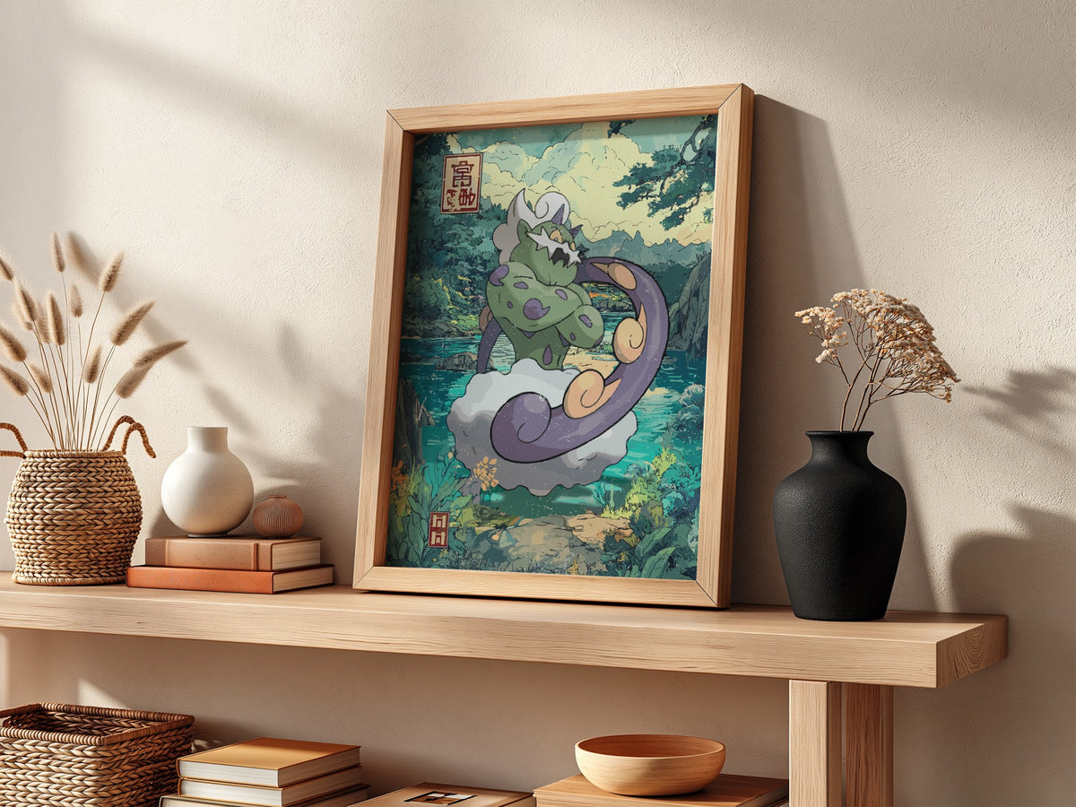 Tornadus Japanese style poster with vibrant greens, purples, swirling clouds, and natural landscape elements