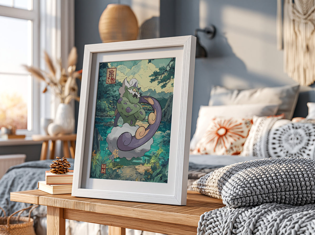 Tornadus Japanese style poster with vibrant greens, purples, swirling clouds, and natural landscape elements