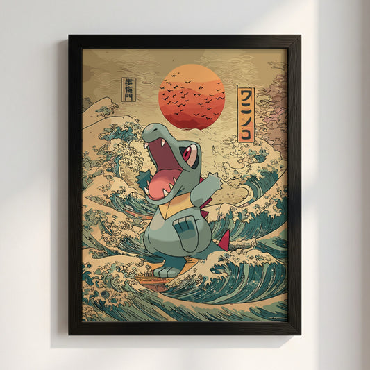 Totodile poster with turquoise and blue waves, red sun, and Japanese text in traditional style