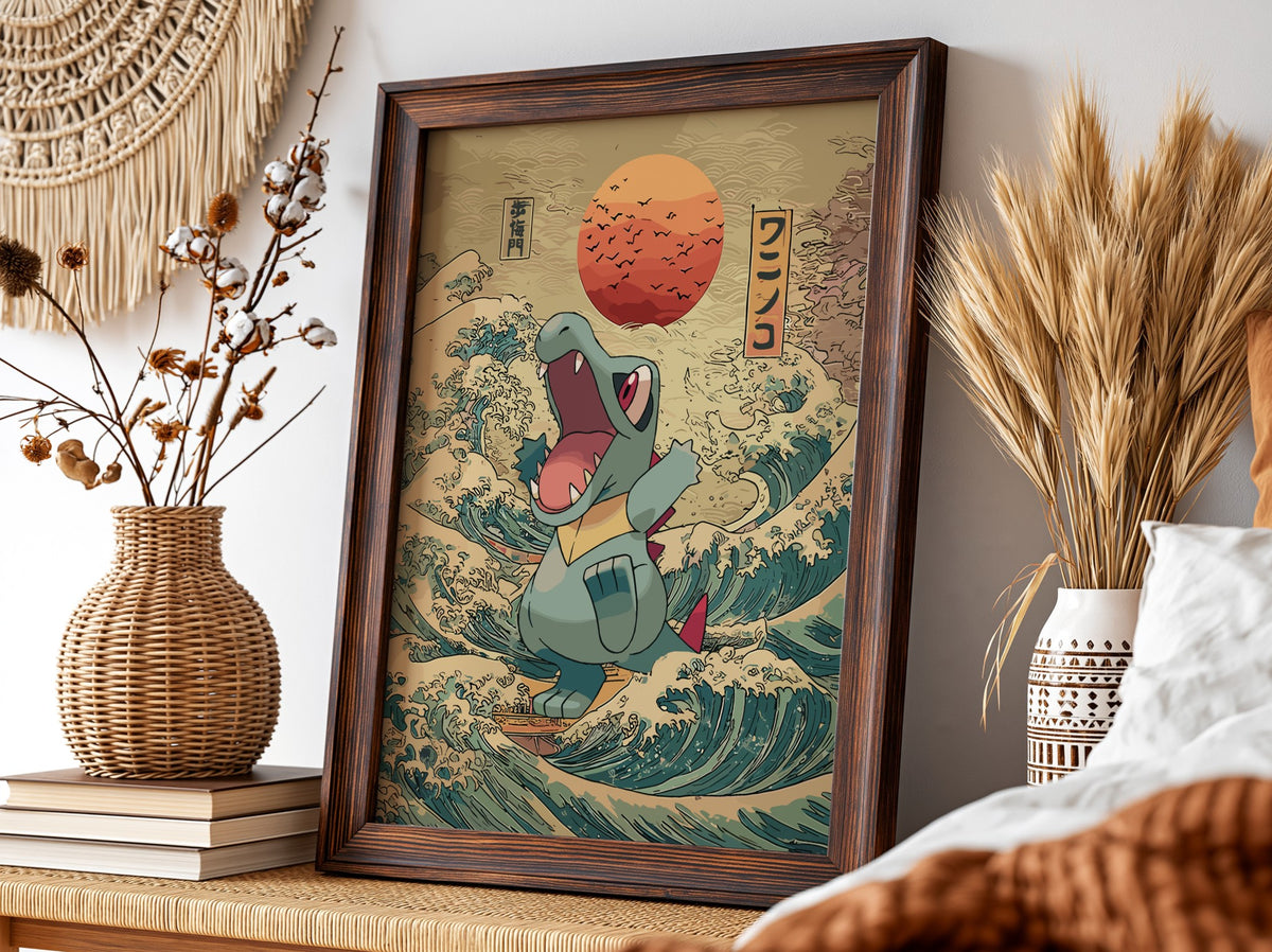 Totodile poster with turquoise and blue waves, red sun, and Japanese text in traditional style