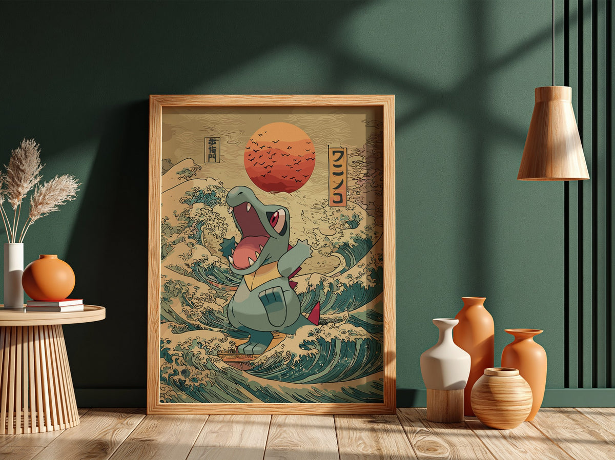 Totodile poster with turquoise and blue waves, red sun, and Japanese text in traditional style