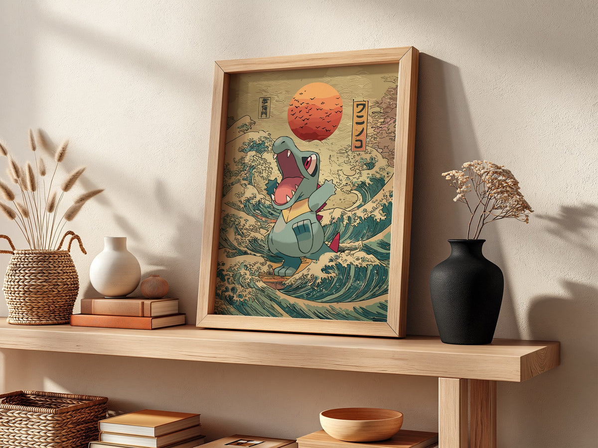 Totodile poster with turquoise and blue waves, red sun, and Japanese text in traditional style