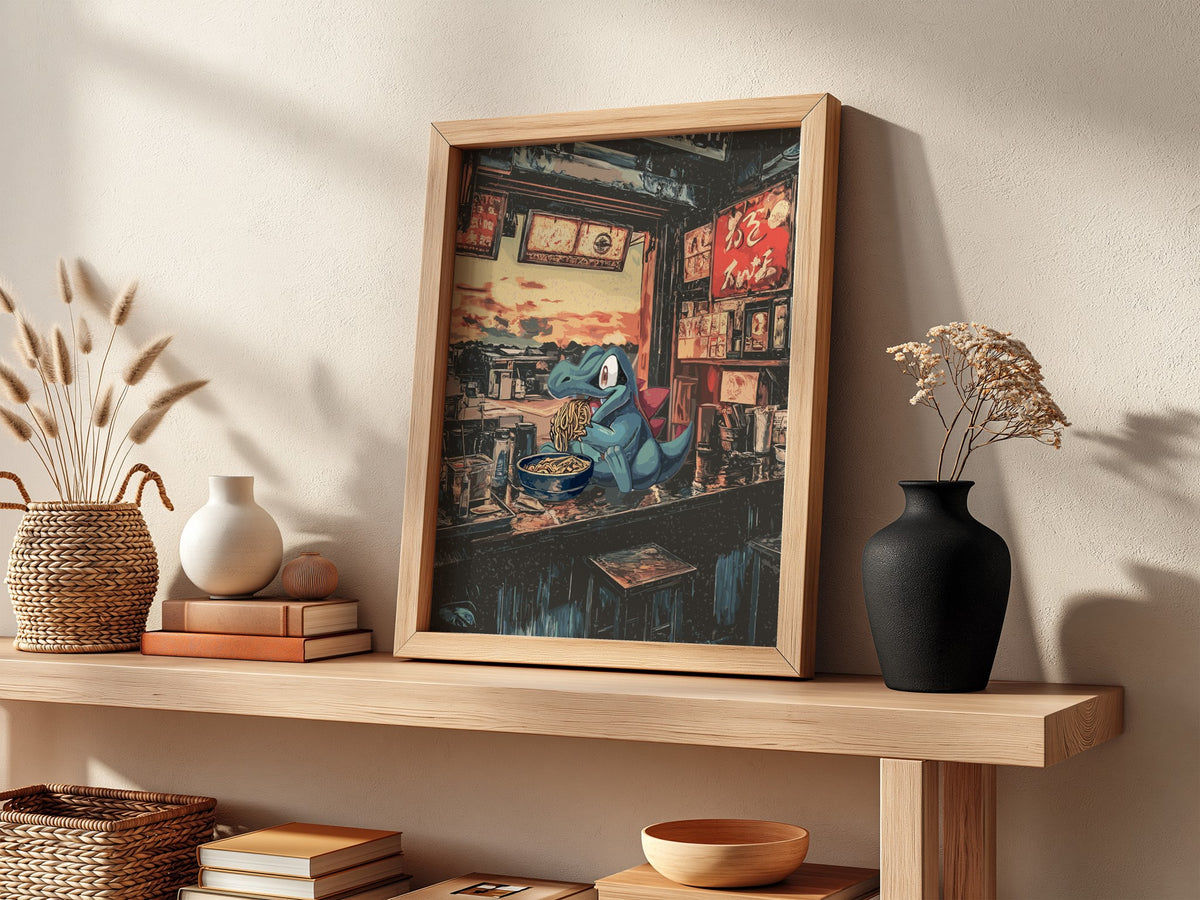 Pokemon poster featuring Totodile eating ramen in a cozy Japanese ramen shop with warm red and blue tones