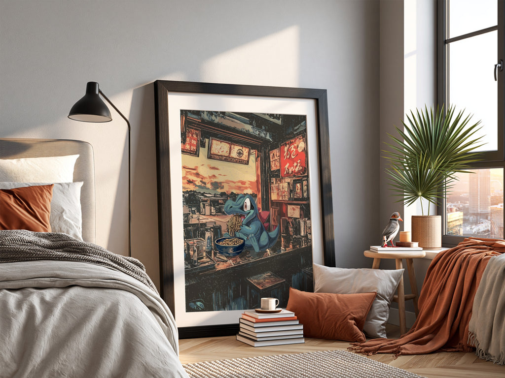 Pokemon poster featuring Totodile eating ramen in a cozy Japanese ramen shop with warm red and blue tones